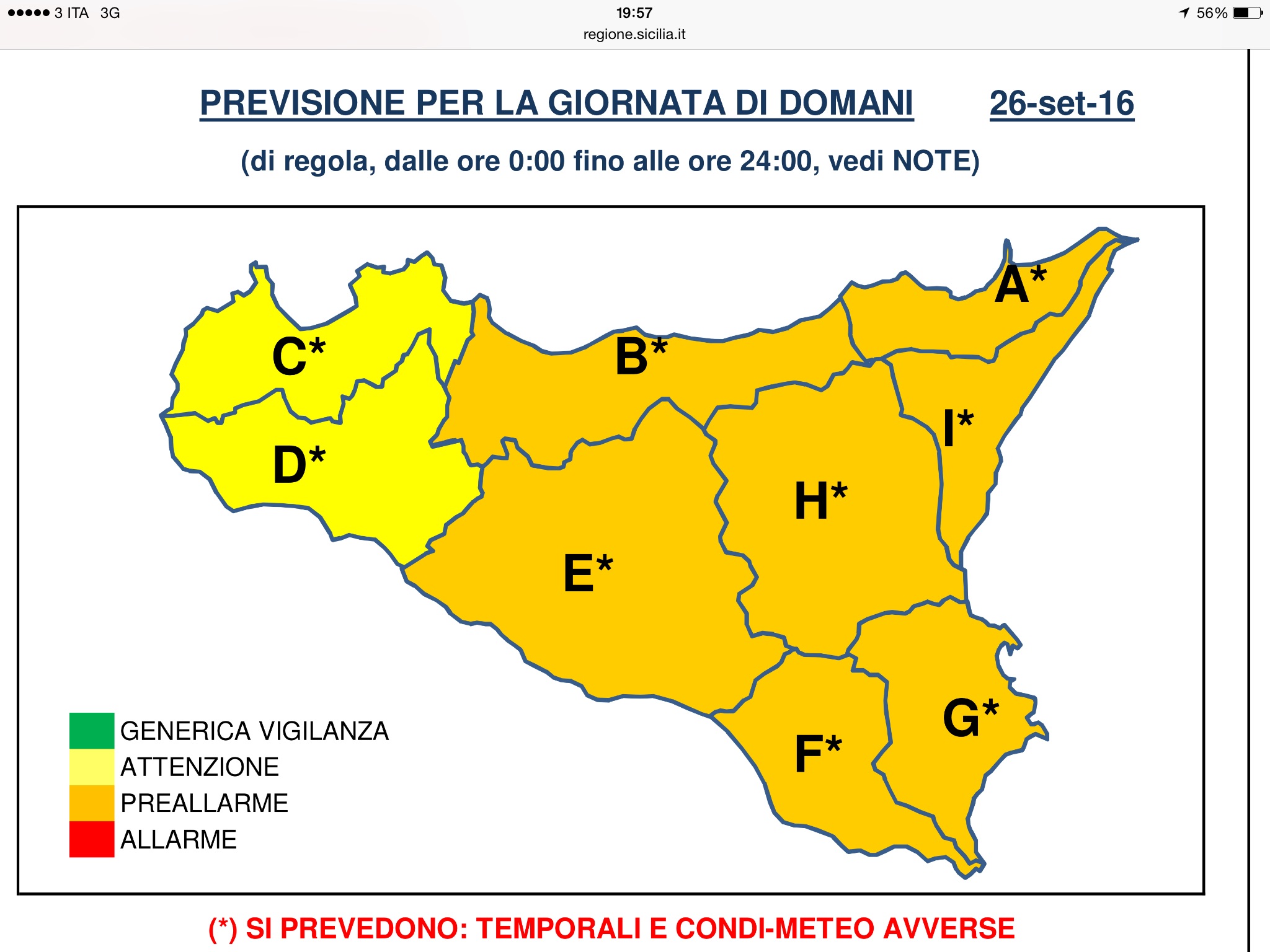 Meteo: domani allerta arancione per il rischio idrogeologico. Scuole aperte