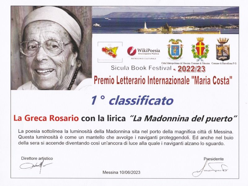 Il poeta rosario la greca vincitore della sezione B del premio letterario “Maria Costa”