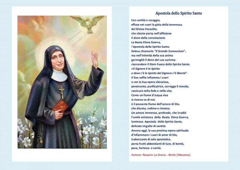 “Apostola dello Spirito Santo”, poesia dedicata alla Beata Suor Elena Guerra che domani sarà proclamata Santa.